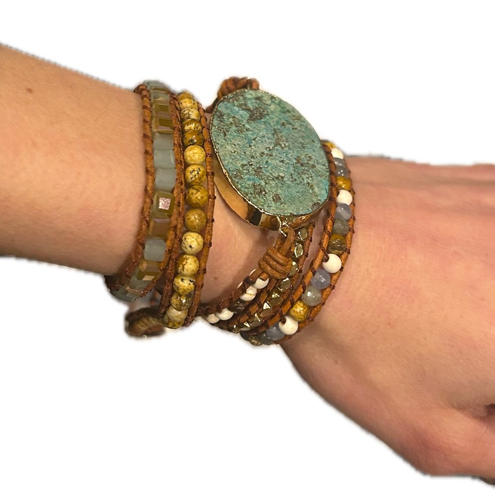 Turquoise Natural Stone & Bead Leather Boho Adjust. Wrap Bracelet | New